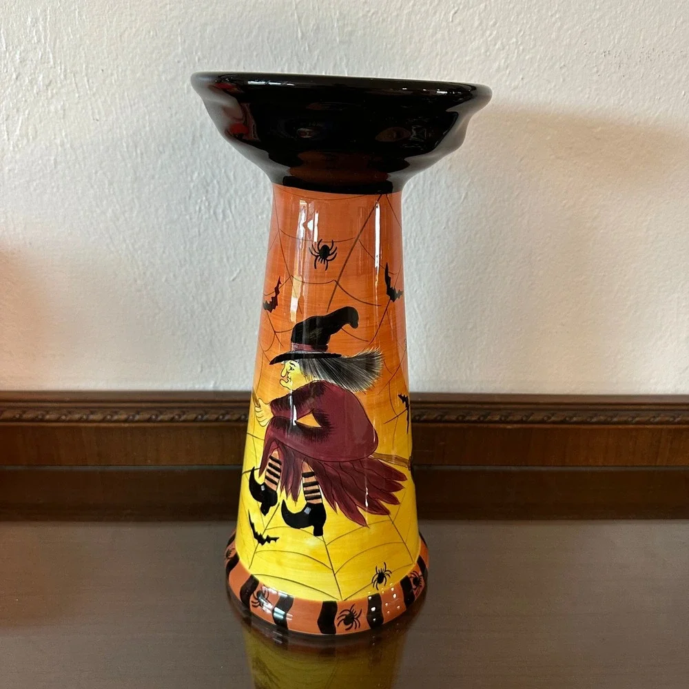 Laurie Gates Ware Halloween Witch Ceramic Pillar Candle Holder Pedestal 12 Inch